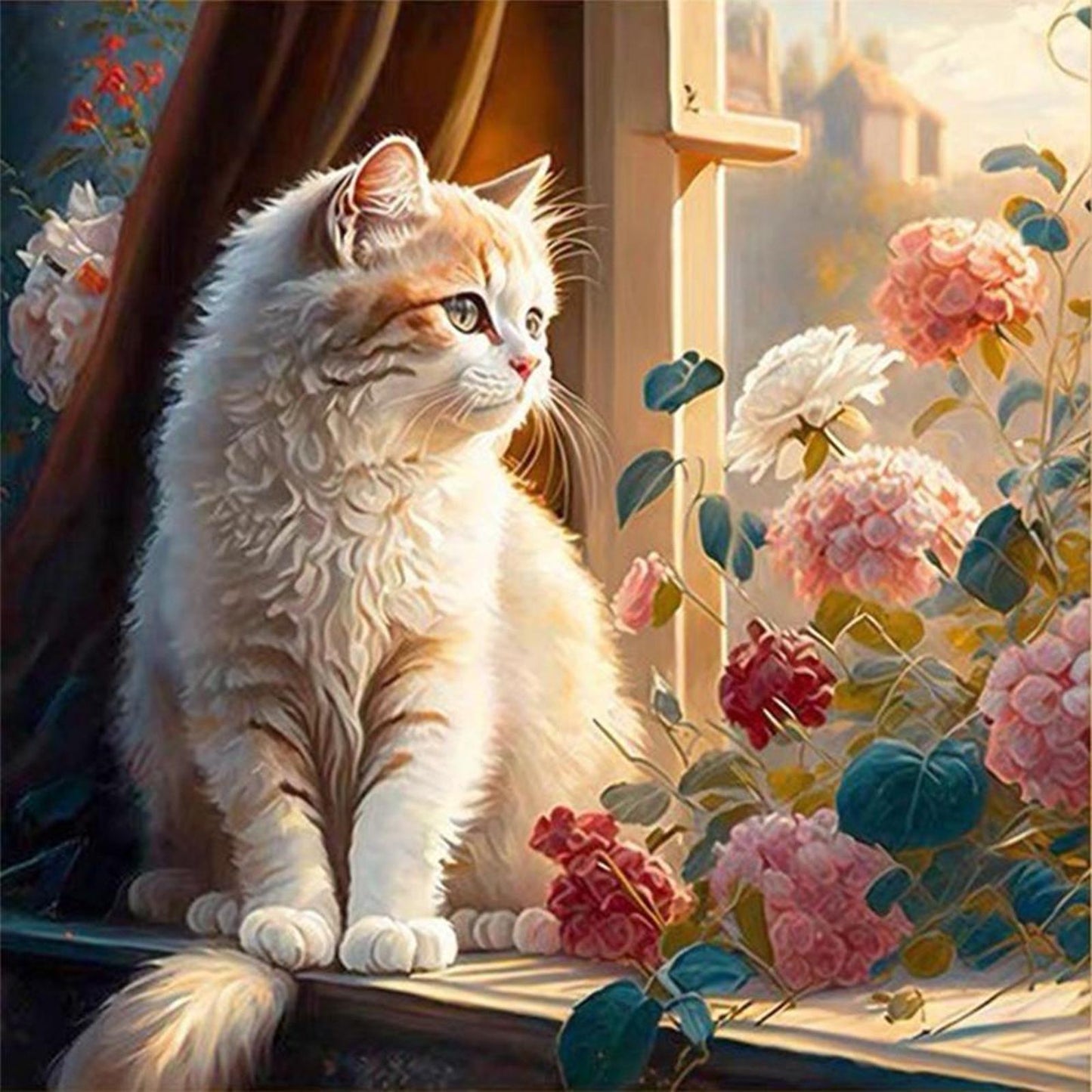 Cats And Flowers On Windowsill - Full 18CT Stamped Cross Stitch 30x30CM - Huacan