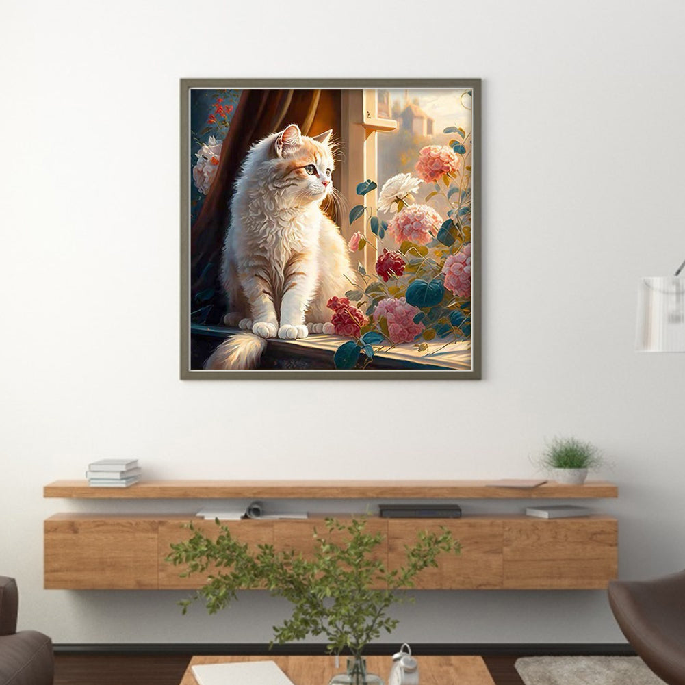 Cats And Flowers On Windowsill - Full 18CT Stamped Cross Stitch 30x30CM - Huacan