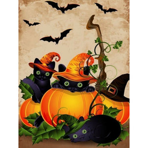 Black Cat And Jack-O'-Lantern 30*40CM(Canvas) Full Round Drill Diamond Painting