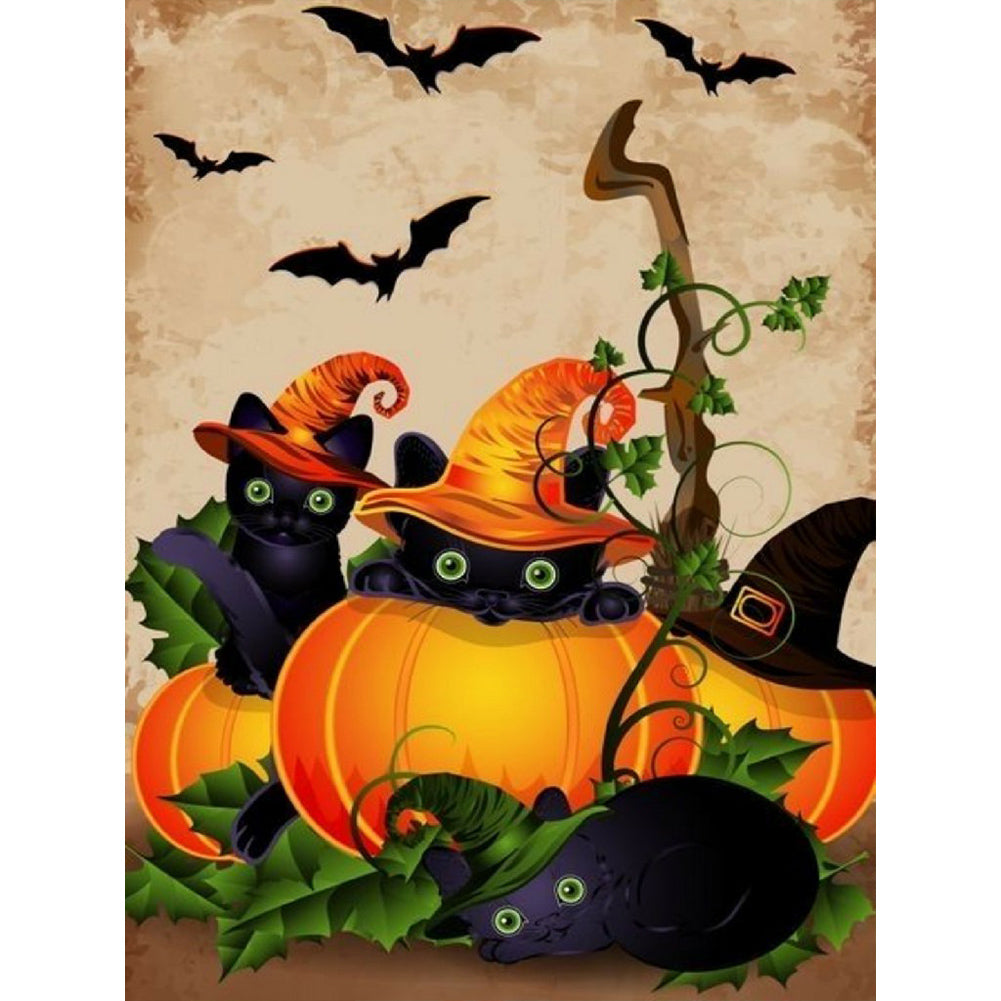 Black Cat And Jack-O'-Lantern 30*40CM(Canvas) Full Round Drill Diamond Painting