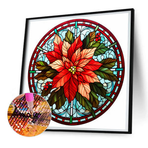 Christmas Red Flower Glass Painting 30*30CM(Canvas) Full Round Drill Diamond Painting