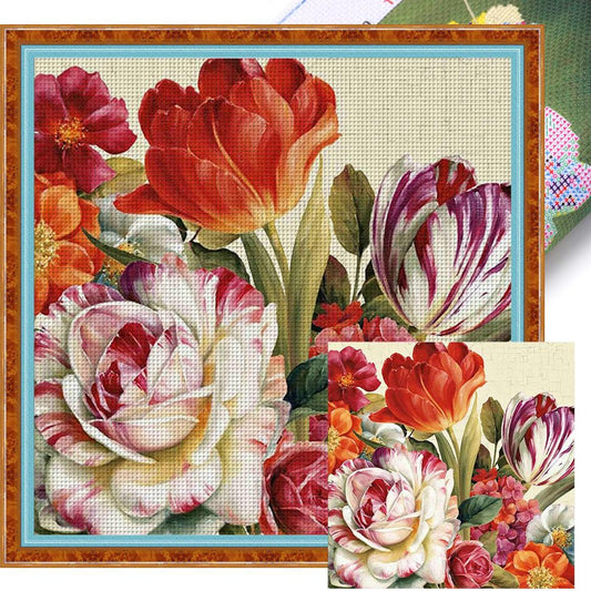 Peony And Tulip - Full 11CT Stamped Cross Stitch 40x60CM - Huacan