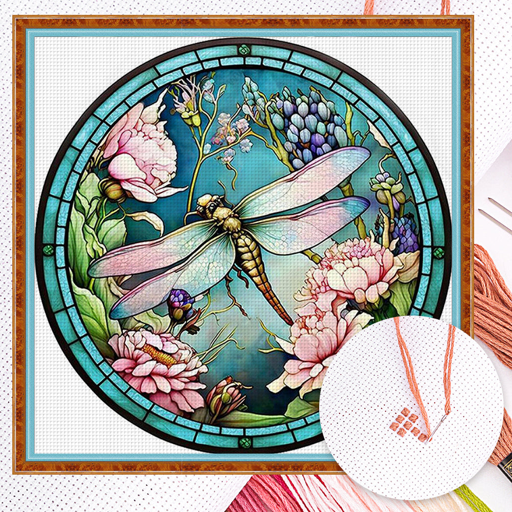 Glass Painting - Dragonfly - Full 18CT Counted Cross Stitch 20x20CM - Huacan