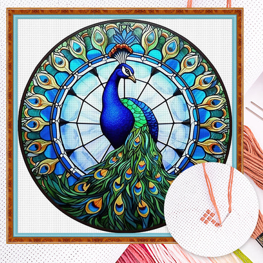 Glass Painting - Peacock - Full 18CT Counted Cross Stitch 20x20CM - Huacan