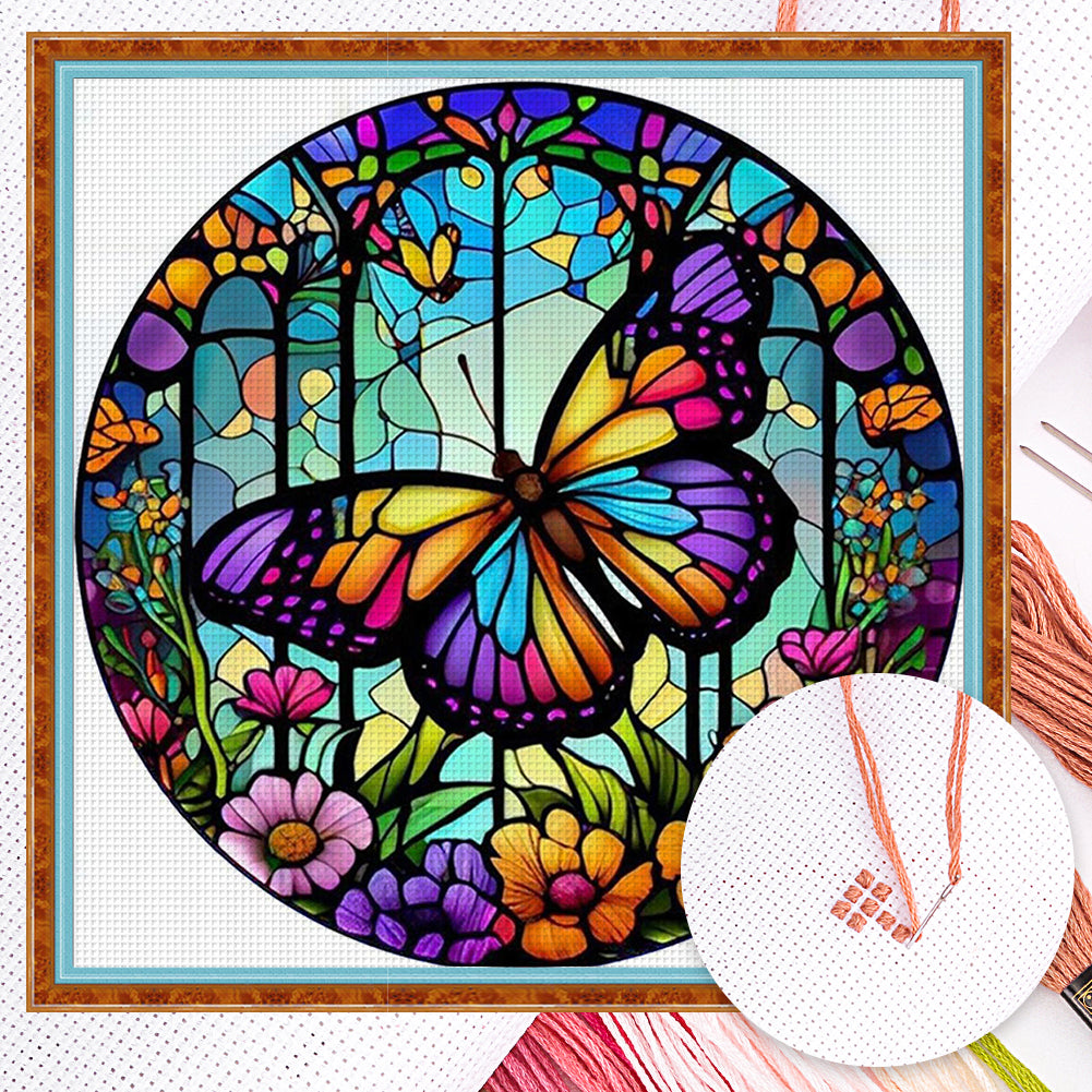 Glass Painting - Butterfly - Full 18CT Counted Cross Stitch 20x20CM - Huacan