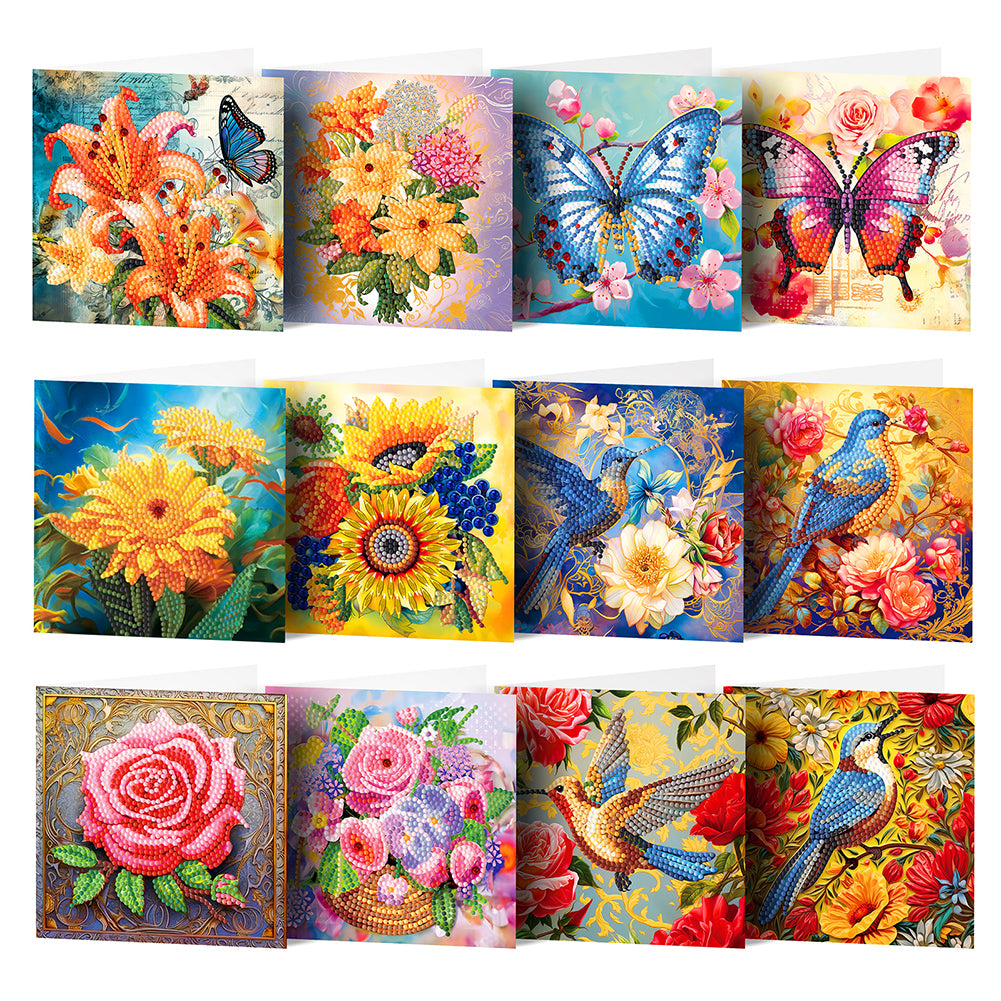 12PCS DIY Bird Flower Diamond Painting Greeting Card Set for Holidays Festivals