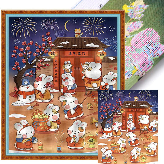 New Year Rabbit - Full 11CT Stamped Cross Stitch 40x50CM - Huacan