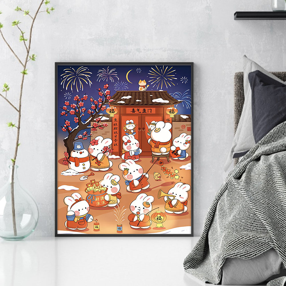 New Year Rabbit - Full 11CT Stamped Cross Stitch 40x50CM - Huacan