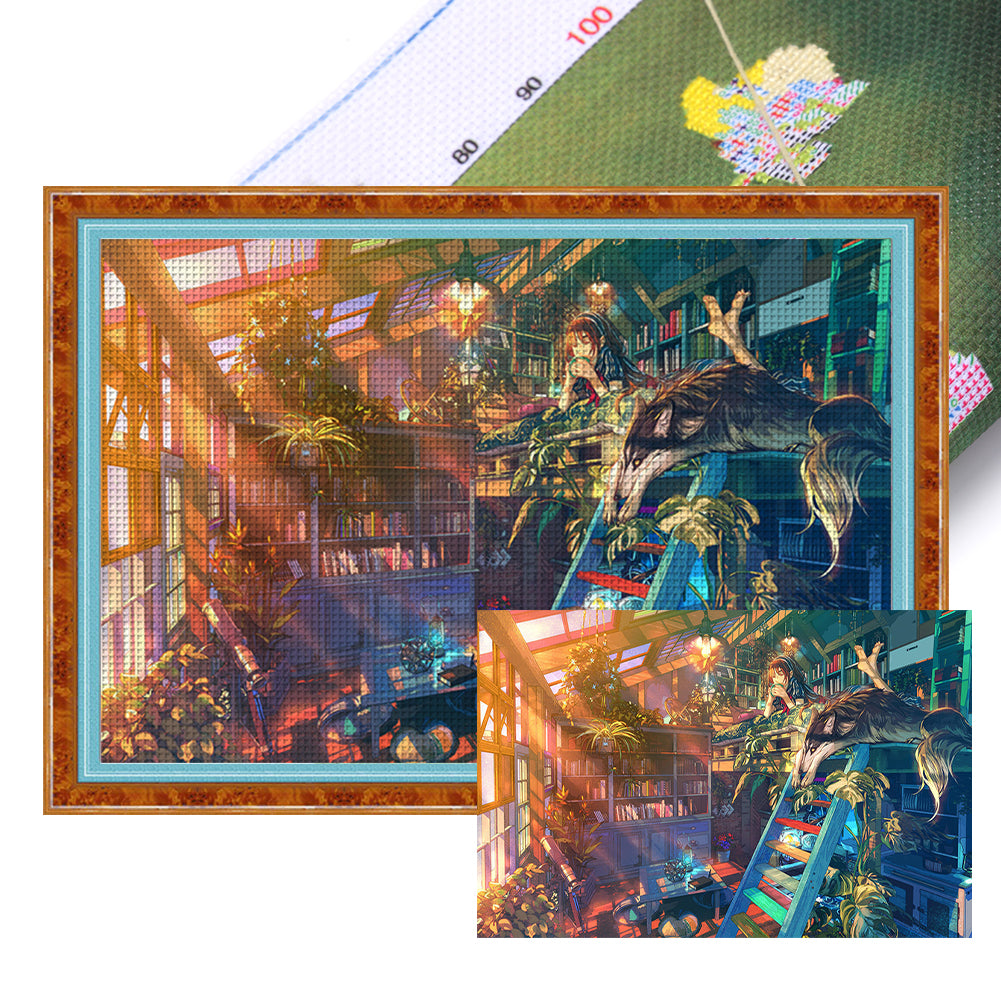 Yishu - Girl'S Cottage - 70*44CM 11CT 3 Stamped Cross Stitch