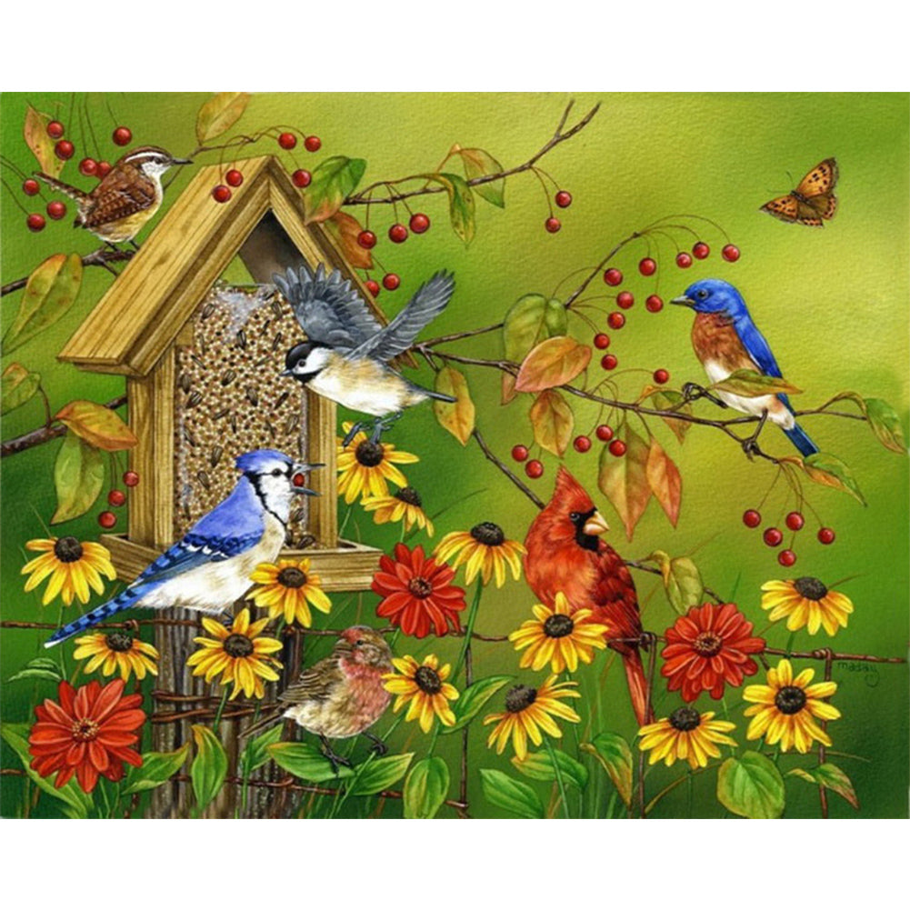 Autumn Scene With Birdsong And Flowers 50*40CM(Canvas) Full Round Drill Diamond Painting