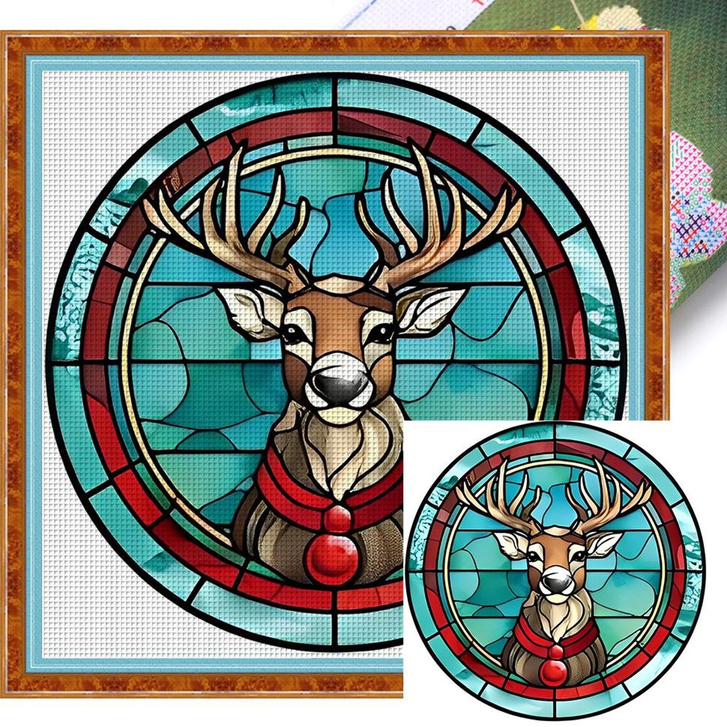 Glass Painting - Christmas Elk - Full 18CT Stamped Cross Stitch 20x20CM - Huacan