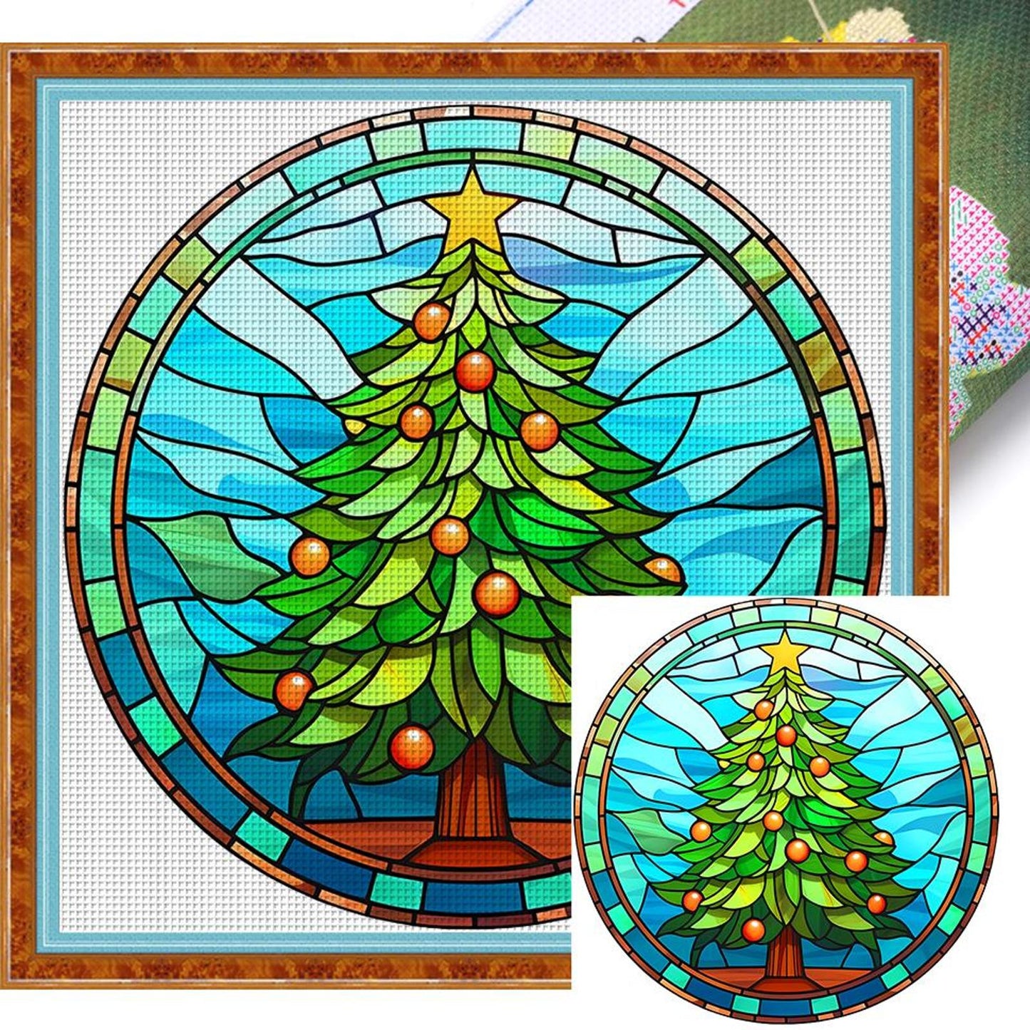 Glass Painting - Christmas Tree - Full 18CT Stamped Cross Stitch 20x20CM - Huacan