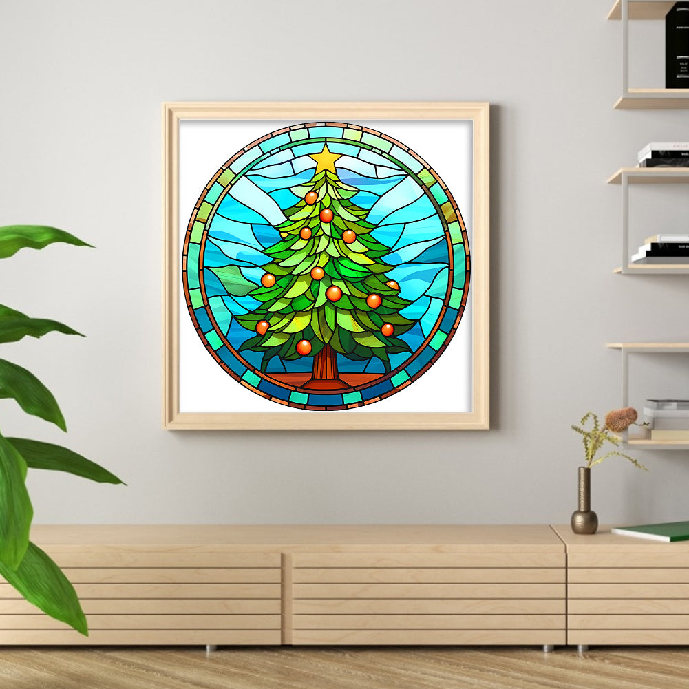 Glass Painting - Christmas Tree - Full 18CT Stamped Cross Stitch 20x20CM - Huacan