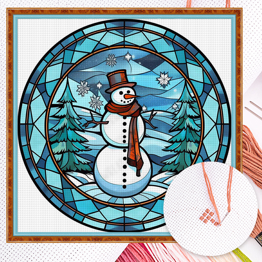 Glass Painting - Christmas Snowman - Full 18CT Counted Cross Stitch 20x20CM - Huacan