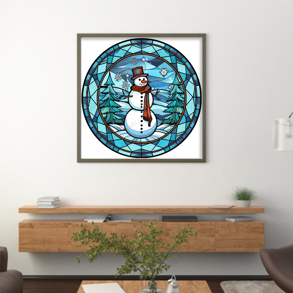 Glass Painting - Christmas Snowman - Full 18CT Counted Cross Stitch 20x20CM - Huacan