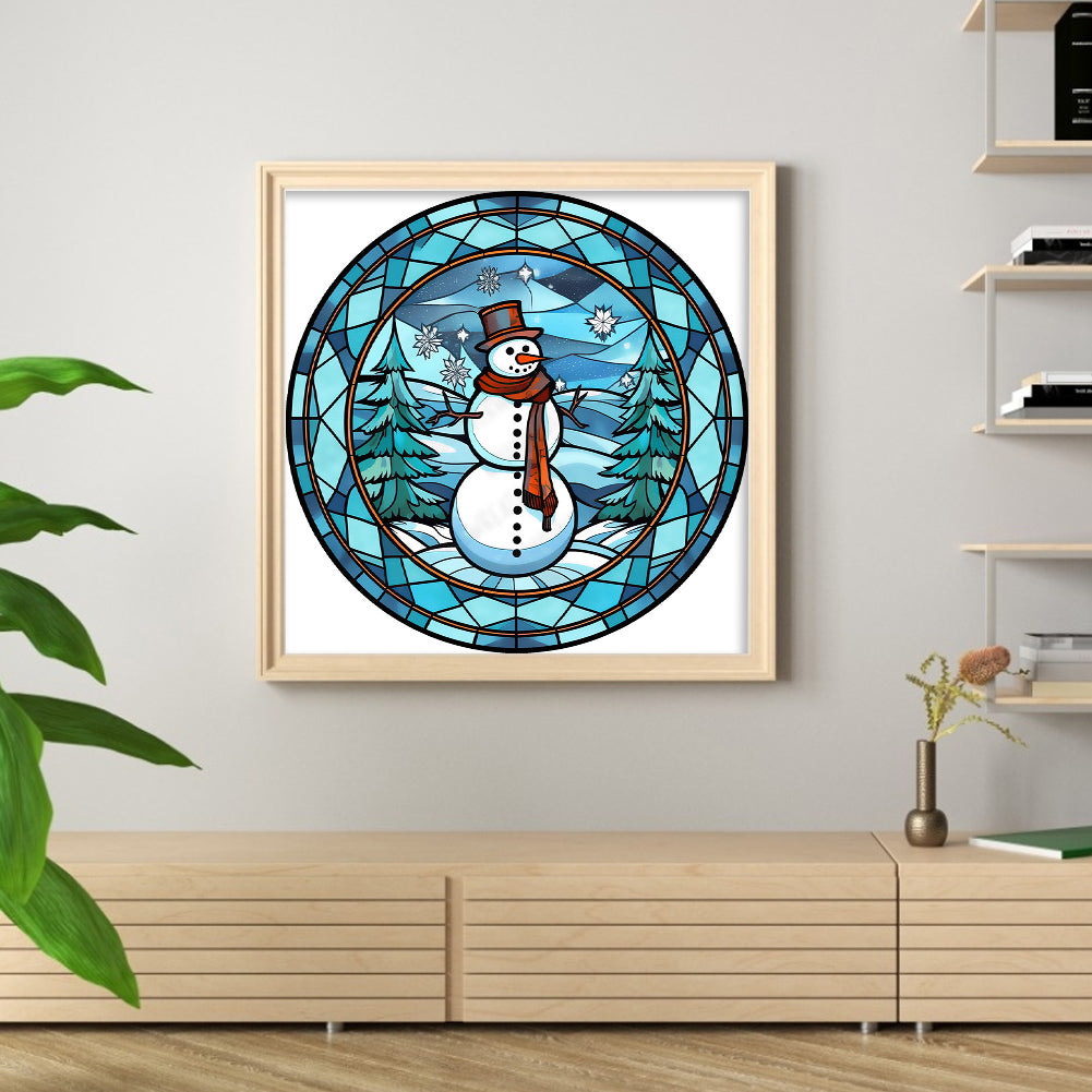 Glass Painting - Christmas Snowman - Full 18CT Counted Cross Stitch 20x20CM - Huacan