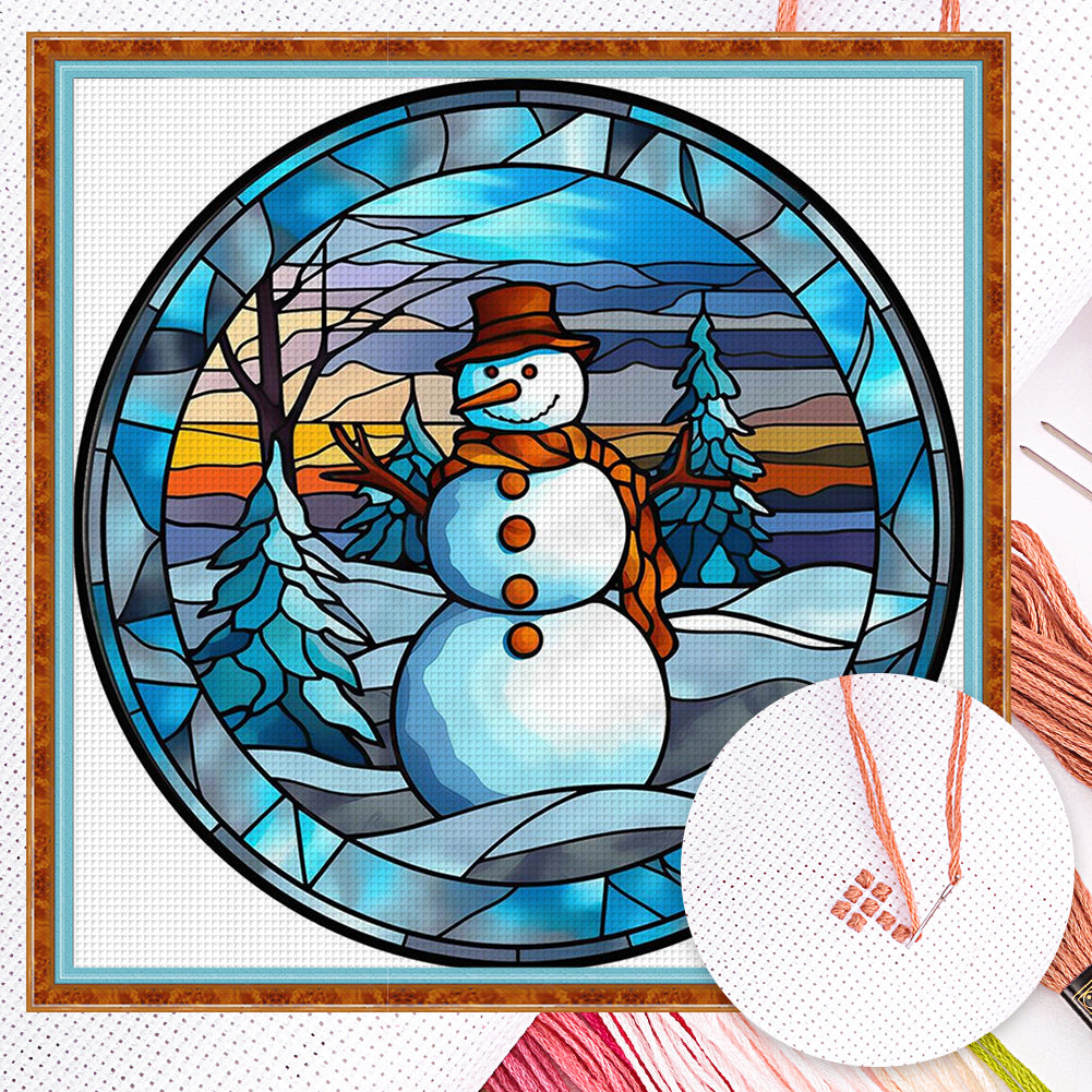 Glass Painting - Christmas Snowman - Full 18CT Counted Cross Stitch 20x20CM - Huacan