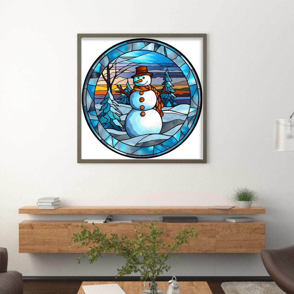 Glass Painting - Christmas Snowman - Full 18CT Counted Cross Stitch 20x20CM - Huacan