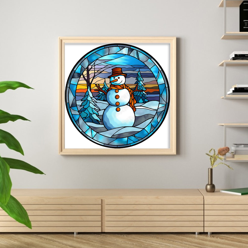 Glass Painting - Christmas Snowman - Full 18CT Counted Cross Stitch 20x20CM - Huacan