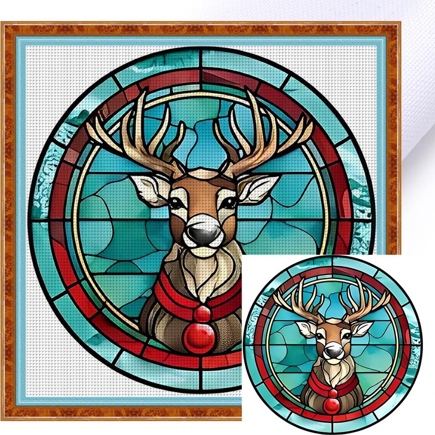 Glass Painting - Christmas Elk - Full 18CT Counted Cross Stitch 20x20CM - Huacan