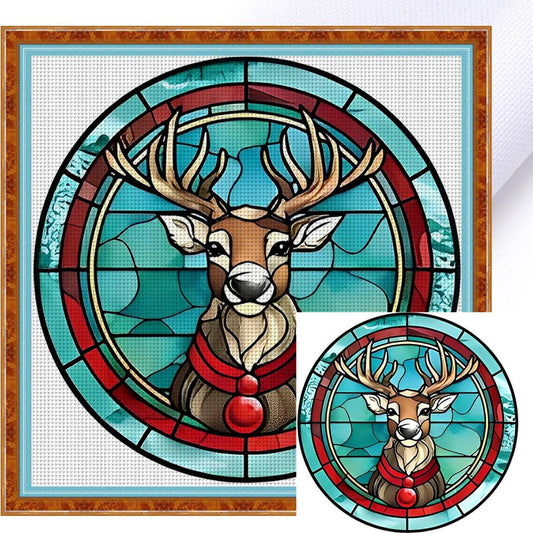 Glass Painting - Christmas Elk - Full 18CT Counted Cross Stitch 20x20CM - Huacan