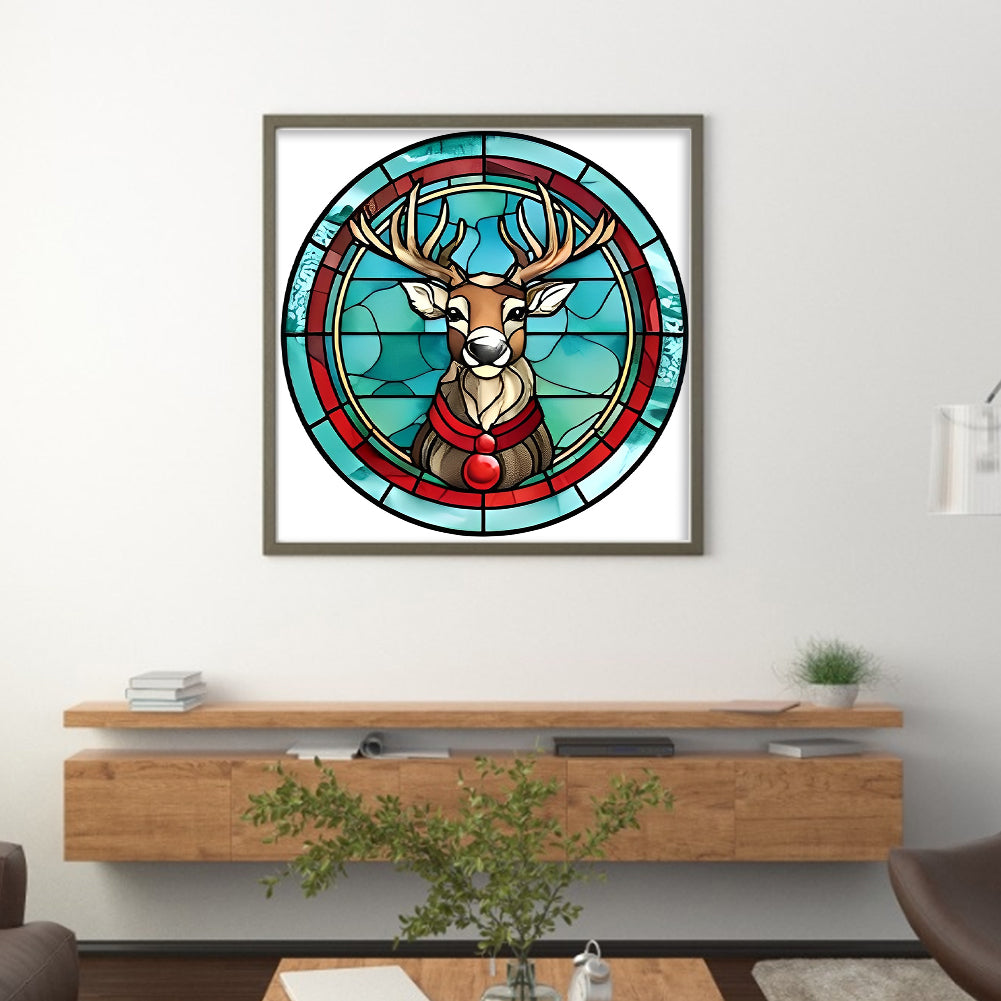 Glass Painting - Christmas Elk - Full 18CT Counted Cross Stitch 20x20CM - Huacan