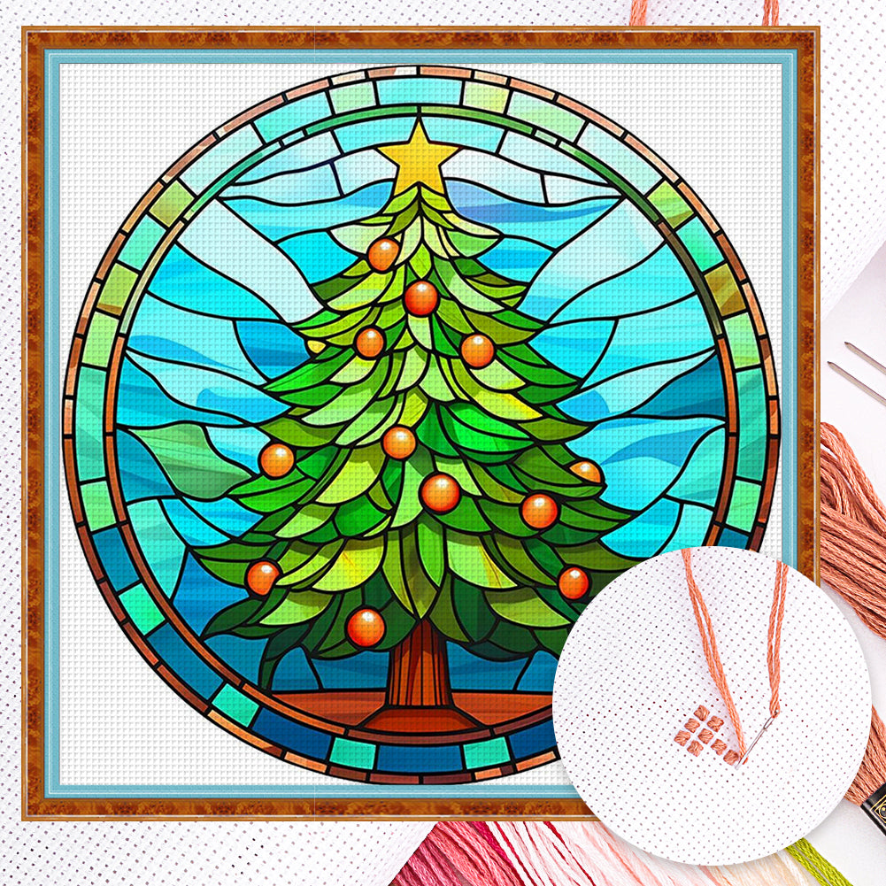 Glass Painting - Christmas Tree - Full 18CT Counted Cross Stitch 20x20CM - Huacan