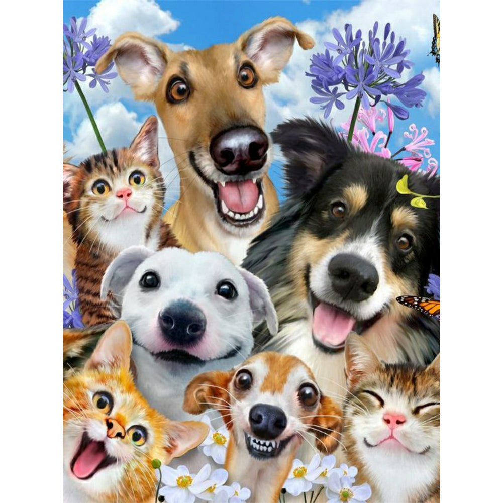 Happy Dog ??Family 30*40CM(Canvas) Full Round Drill Diamond Painting