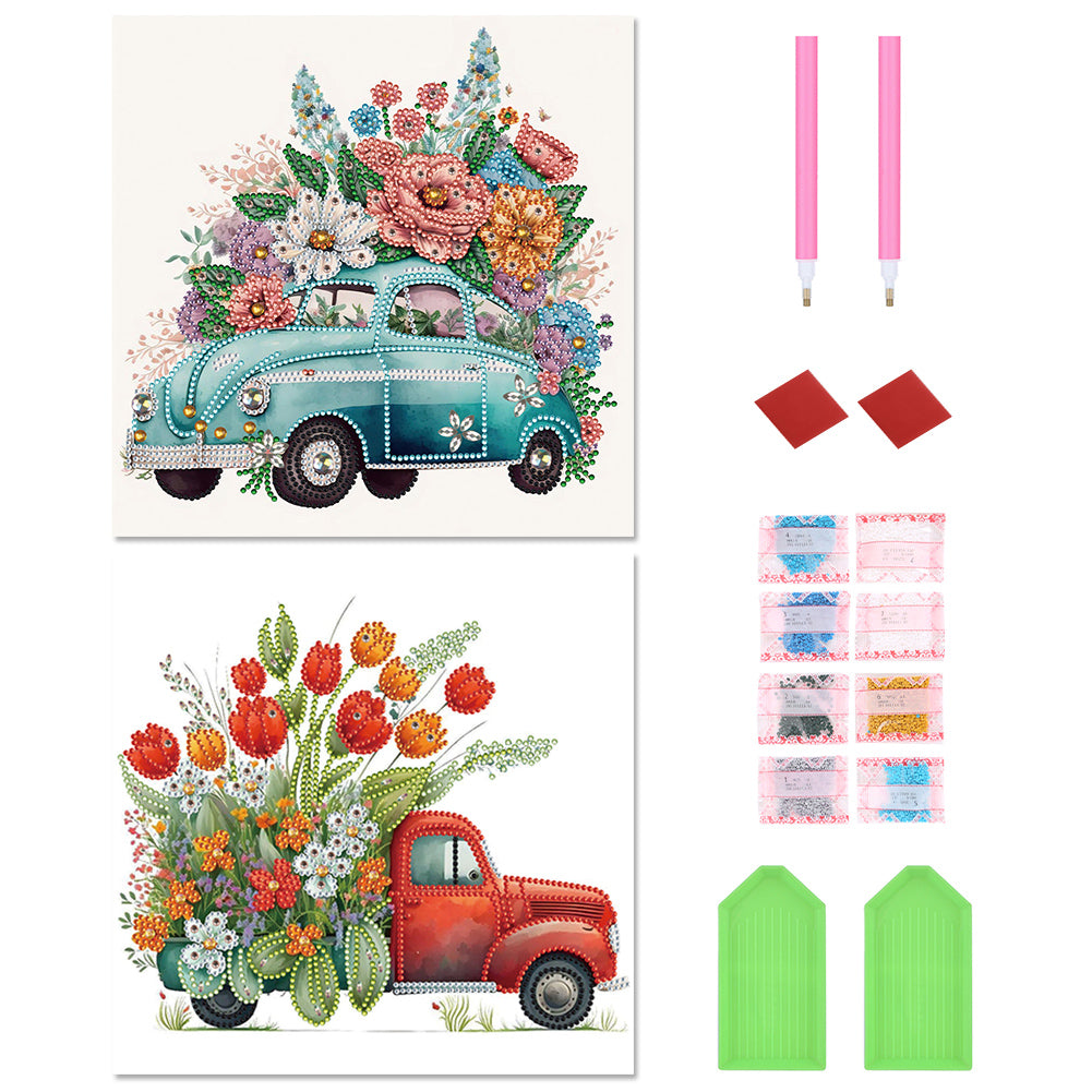 2PCS Flowers And Cars 30*30CM(Canvas) Partial Special Shaped Drill Diamond Painting