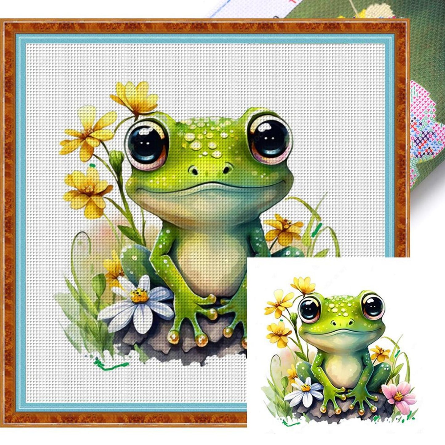 Frog With Flowers And Plants - Full 18CT Stamped Cross Stitch 25x25CM - Huacan