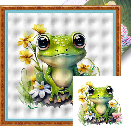 Frog With Flowers And Plants - Full 18CT Stamped Cross Stitch 25x25CM - Huacan