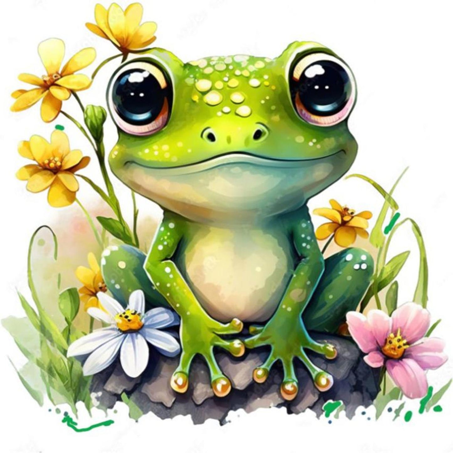 Frog With Flowers And Plants - Full 18CT Stamped Cross Stitch 25x25CM - Huacan
