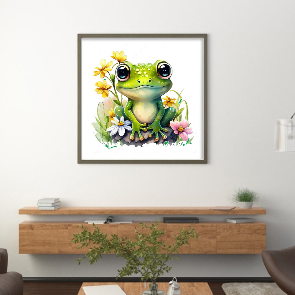 Frog With Flowers And Plants - Full 18CT Stamped Cross Stitch 25x25CM - Huacan