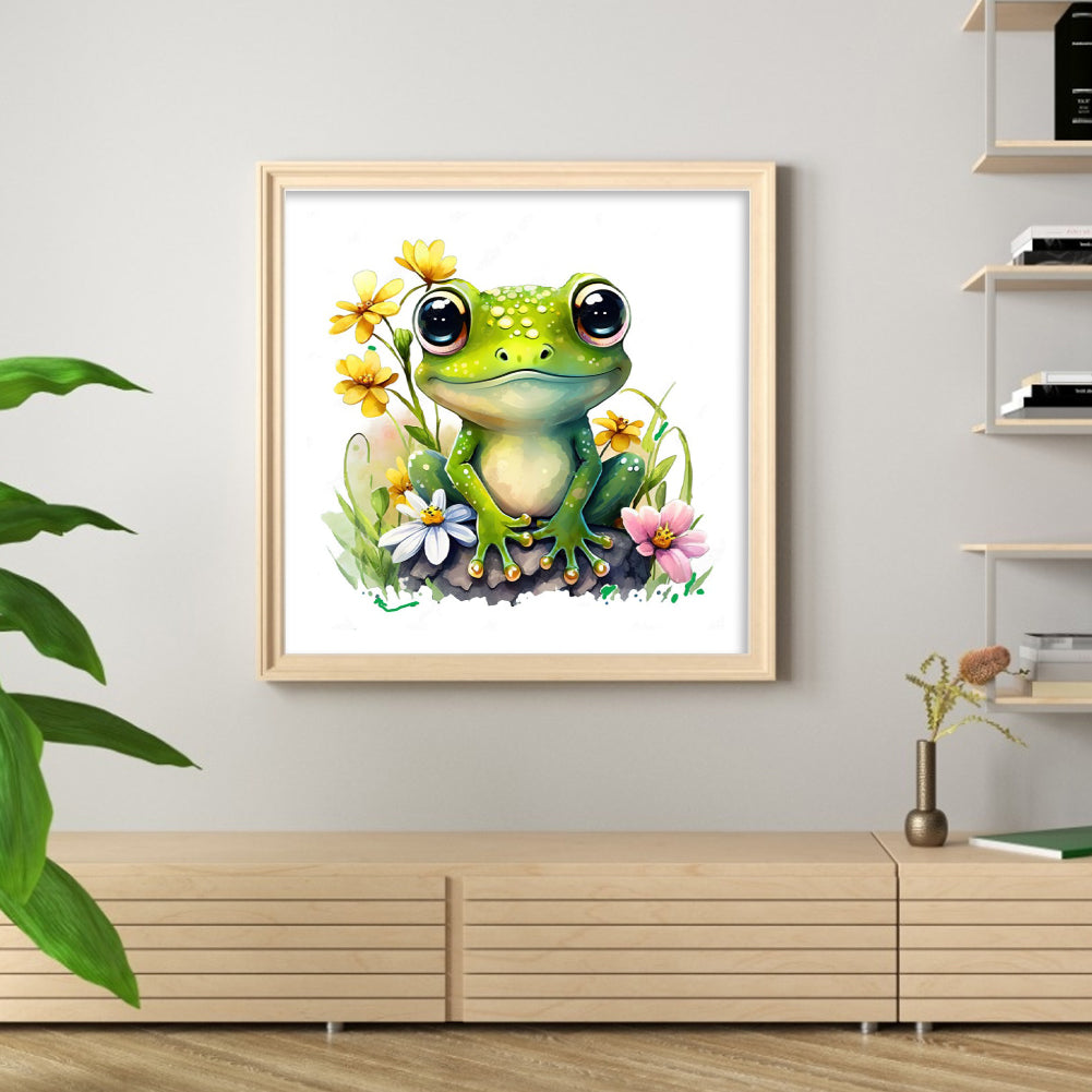 Frog With Flowers And Plants - Full 18CT Stamped Cross Stitch 25x25CM - Huacan