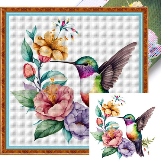 Hummingbird With Flowers And Plants - Full 18CT Stamped Cross Stitch 20x20CM - Huacan