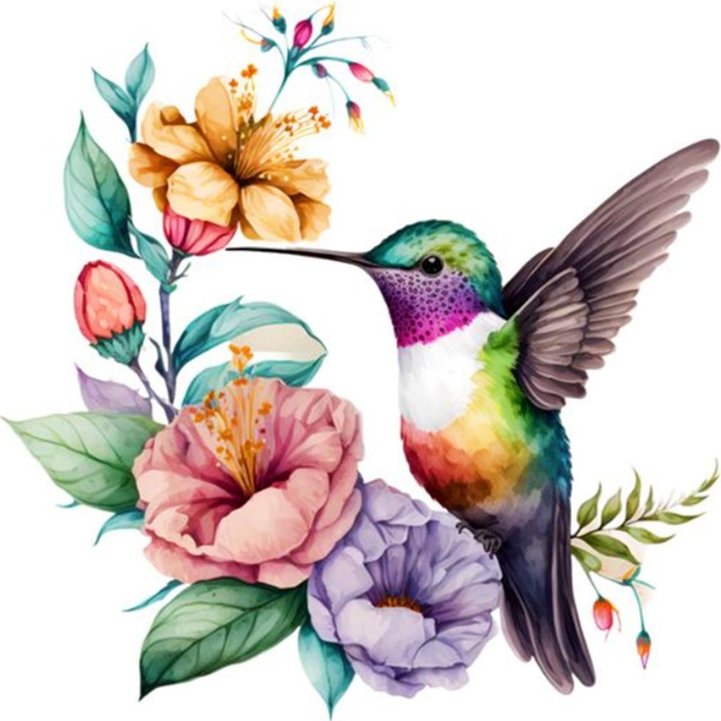 Hummingbird With Flowers And Plants - Full 18CT Stamped Cross Stitch 20x20CM - Huacan
