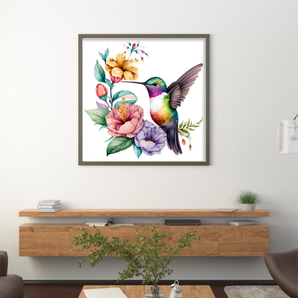 Hummingbird With Flowers And Plants - Full 18CT Stamped Cross Stitch 20x20CM - Huacan