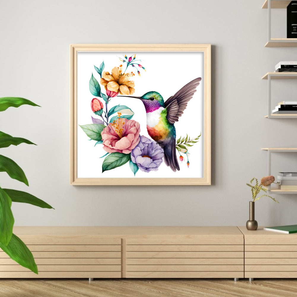 Hummingbird With Flowers And Plants - Full 18CT Stamped Cross Stitch 20x20CM - Huacan