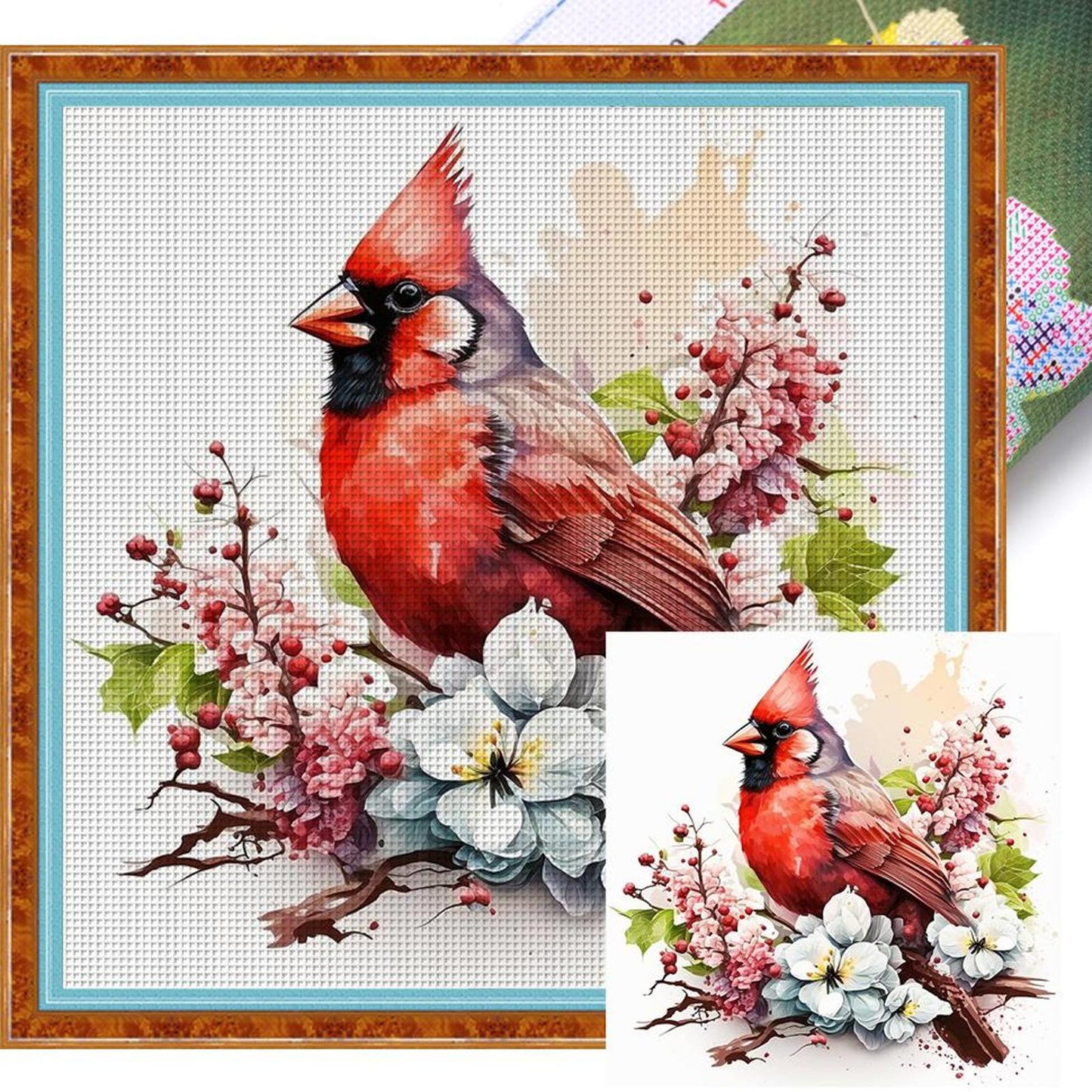 Red Bird With Flowers And Plants - Full 18CT Stamped Cross Stitch 20x20CM - Huacan