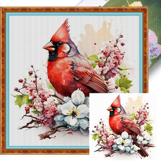 Red Bird With Flowers And Plants - Full 18CT Stamped Cross Stitch 20x20CM - Huacan