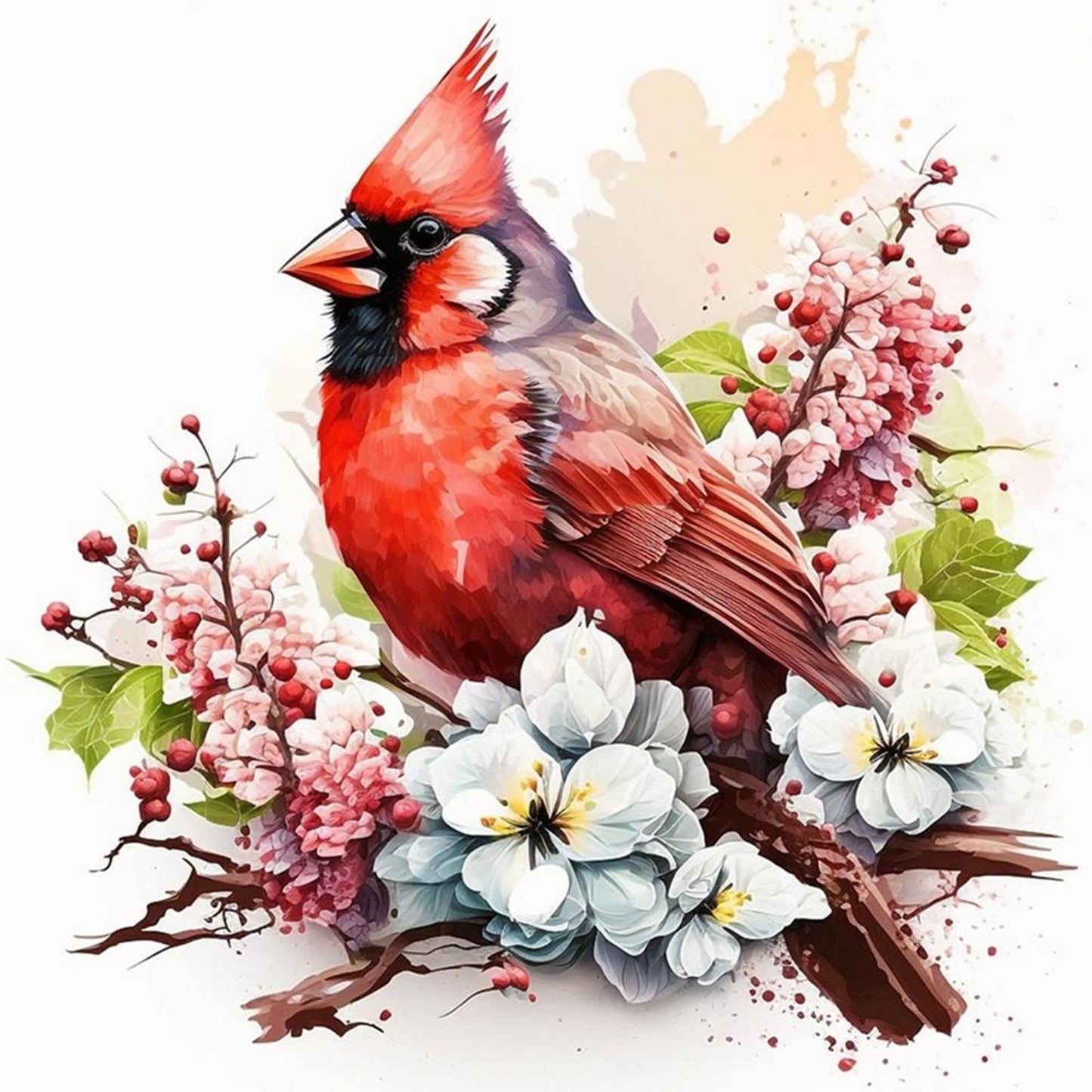 Red Bird With Flowers And Plants - Full 18CT Stamped Cross Stitch 20x20CM - Huacan