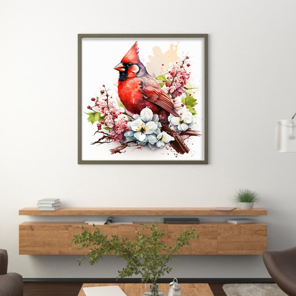 Red Bird With Flowers And Plants - Full 18CT Stamped Cross Stitch 20x20CM - Huacan
