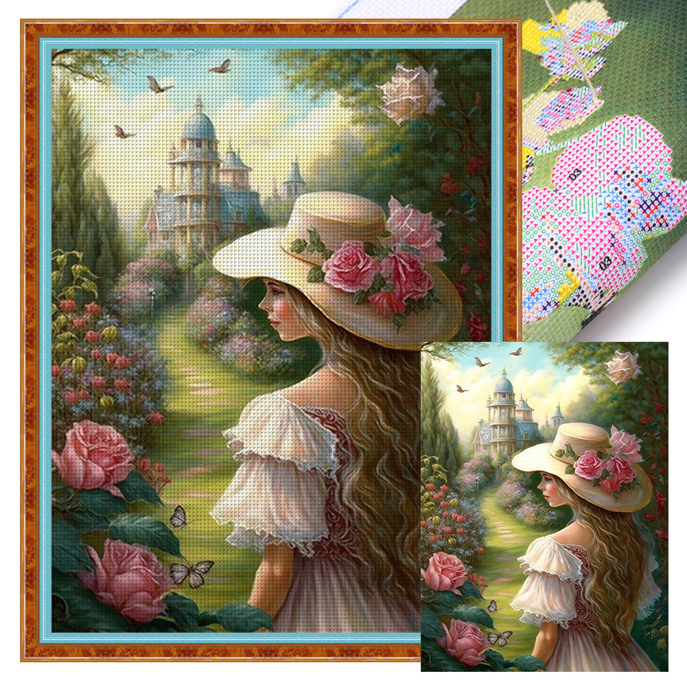 Huancan - Girl In The Castle Garden - 40*55CM 11CT 3 Stamped Cross Stitch