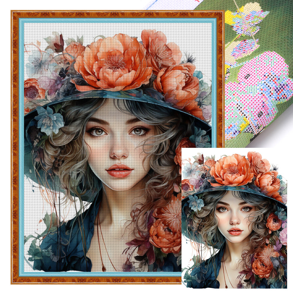 Yishu - Girl And Flowers - 50*65CM 11CT 3 Stamped Cross Stitch