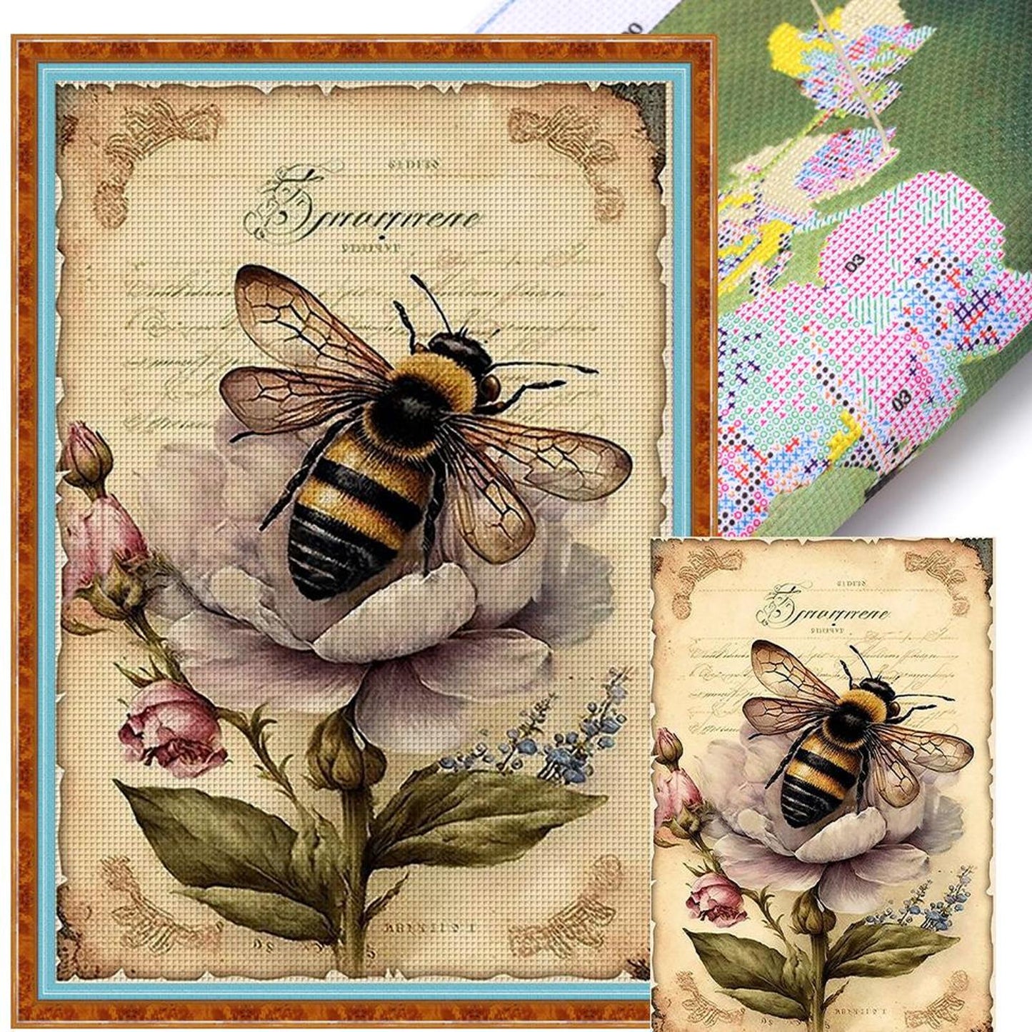 Vintage Poster - Bees And Fresh Flowers - Full 11CT Stamped Cross Stitch 40x60CM - Huacan
