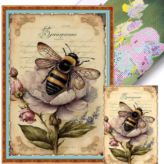 Vintage Poster - Bees And Fresh Flowers - Full 11CT Stamped Cross Stitch 40x60CM - Huacan