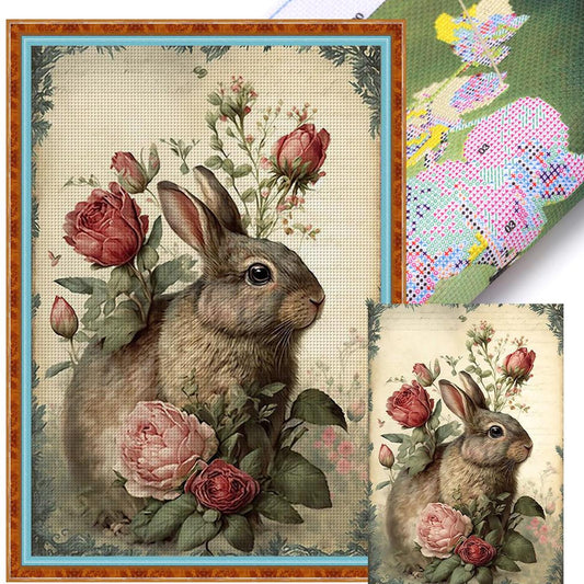 Vintage Poster - Rabbits And Fresh Flowers - Full 11CT Stamped Cross Stitch 40x60CM - Huacan