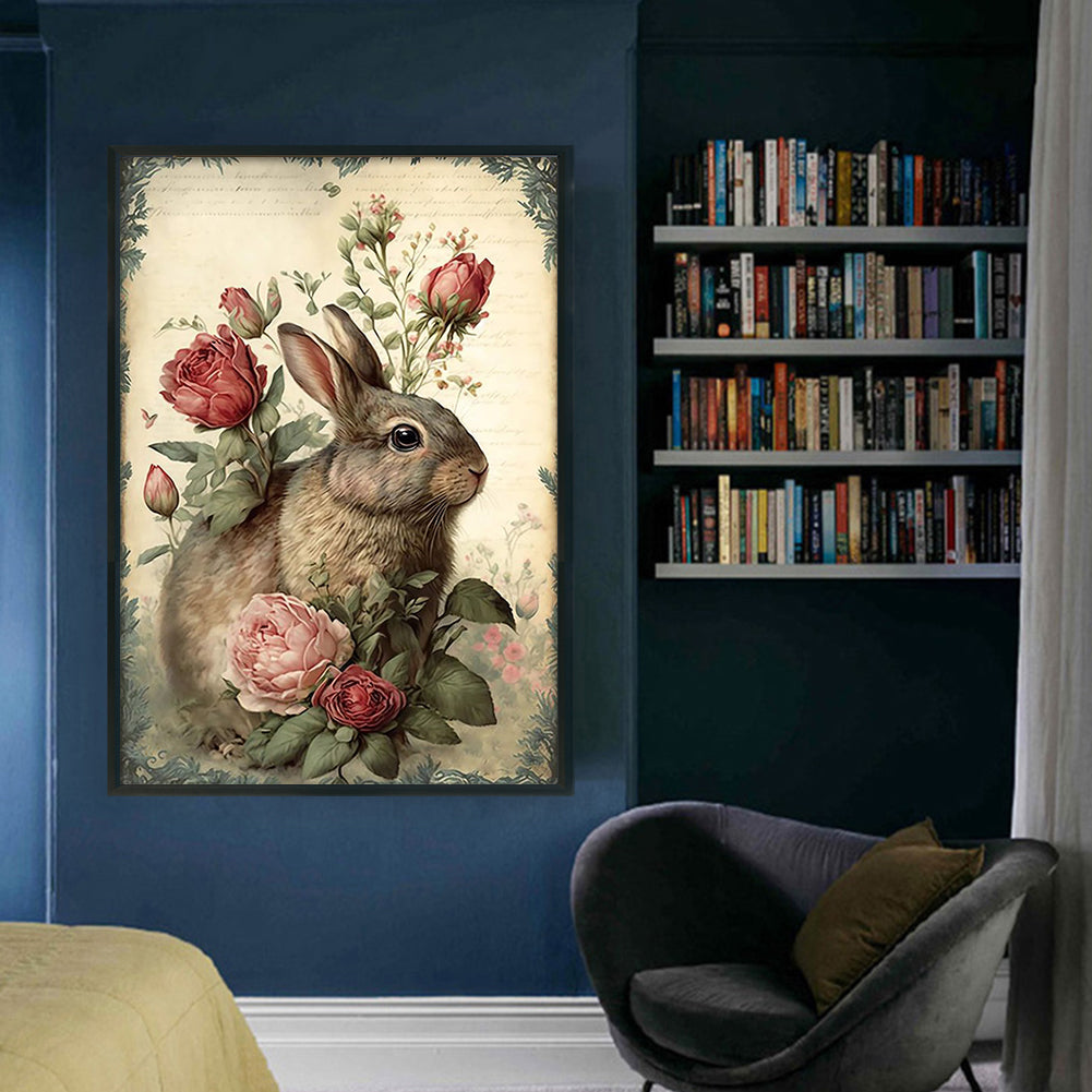 Vintage Poster - Rabbits And Fresh Flowers - Full 11CT Stamped Cross Stitch 40x60CM - Huacan