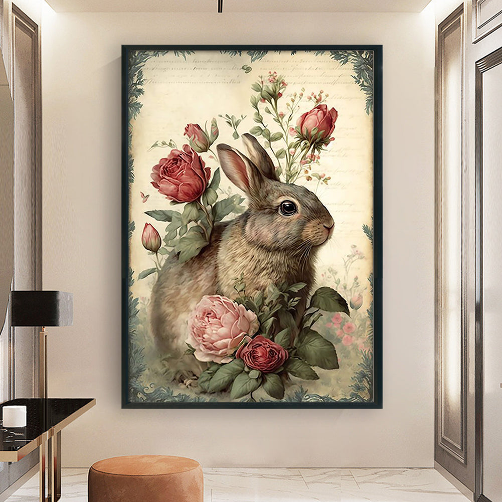 Vintage Poster - Rabbits And Fresh Flowers - Full 11CT Stamped Cross Stitch 40x60CM - Huacan