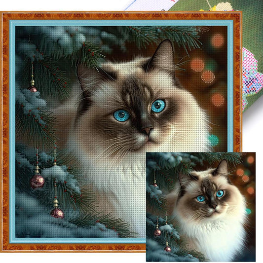 Christmas Cat - Full 11CT Stamped Cross Stitch 45x45CM - Huacan